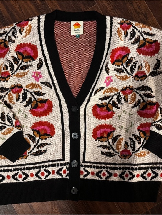FARM Rio Sweaters - FARM Rio Cream Cardigan with Pink, Black & Brown Floral Knit